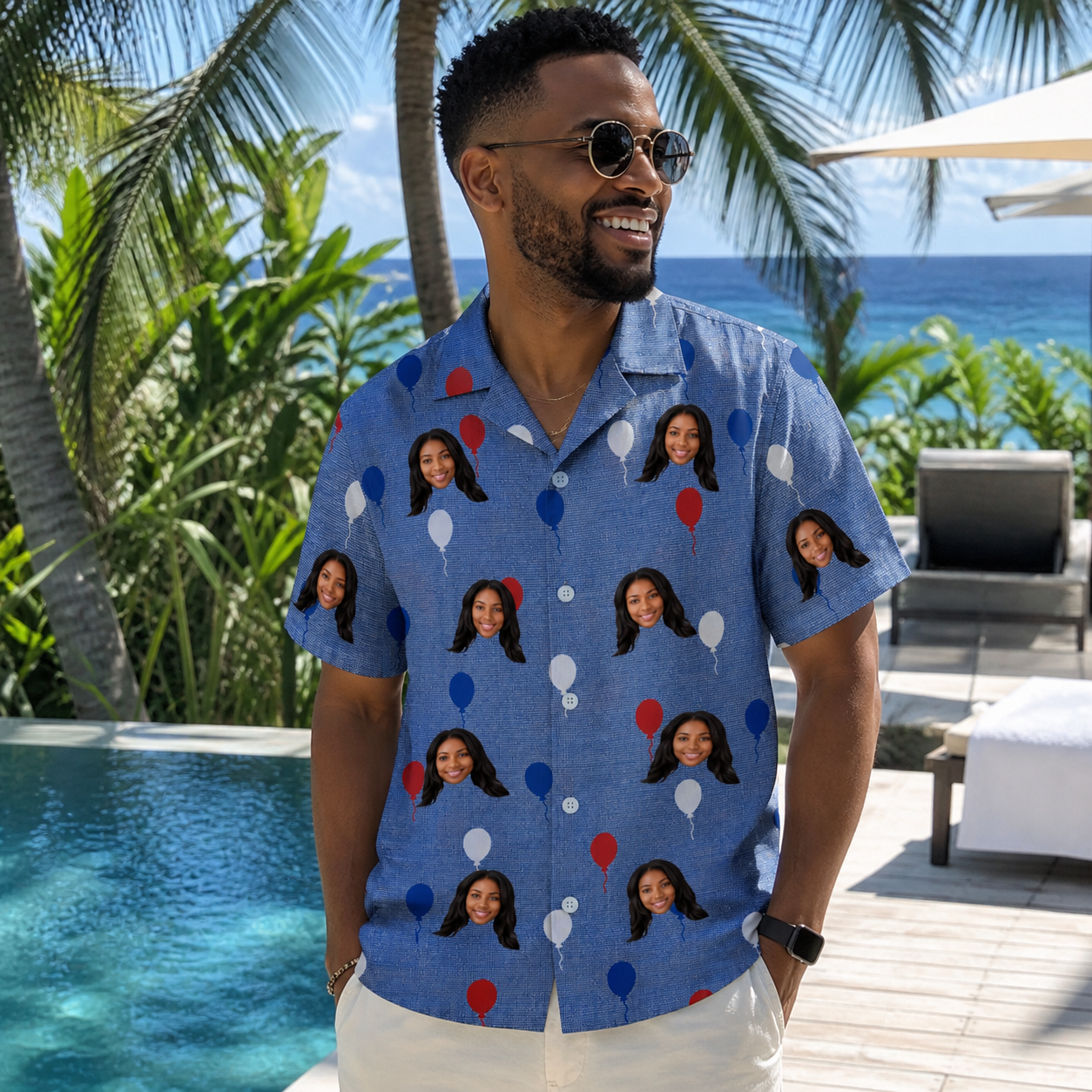 Real-life photo of someone wearing Men's Patriot Pop Custom Face Hawaiian Shirt — custom faces printed all-over