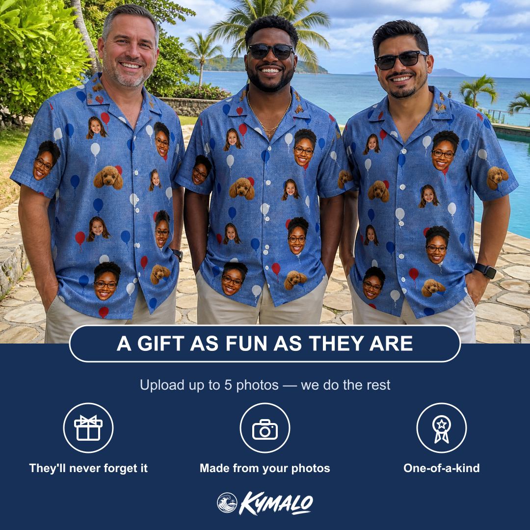 Friends in matching Men's Patriot Pop Custom Face Hawaiian Shirt — a group gift photo