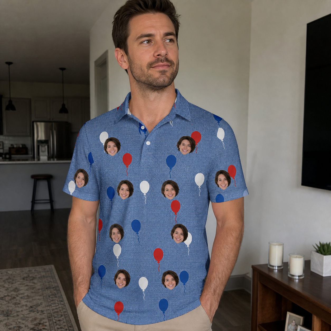 Real-life photo of someone wearing Men's Patriot Pop Custom Face Polo Shirt — custom faces printed all-over