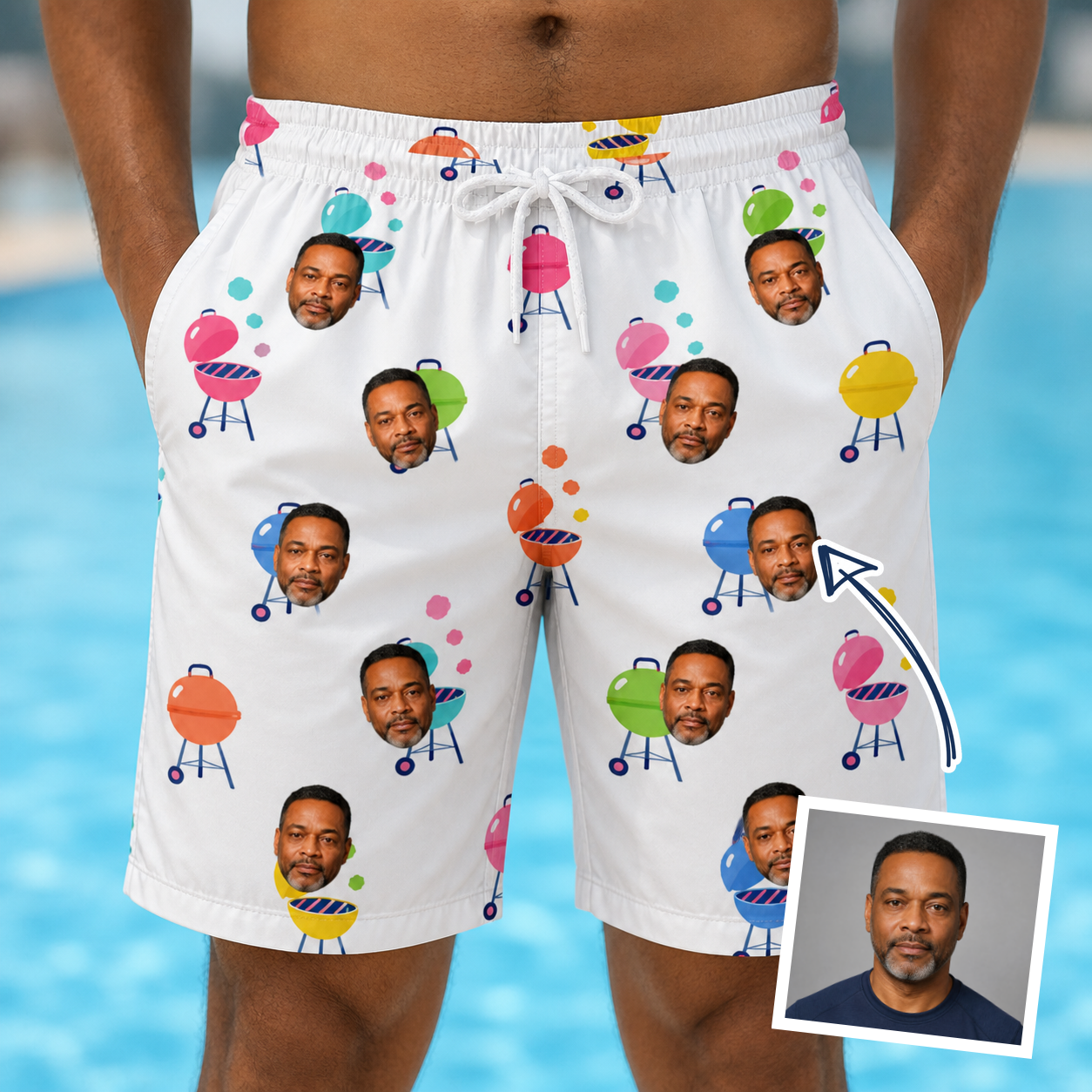 Man wearing Men's Cousin Cookout Custom Face Beach Shorts — custom faces printed all-over