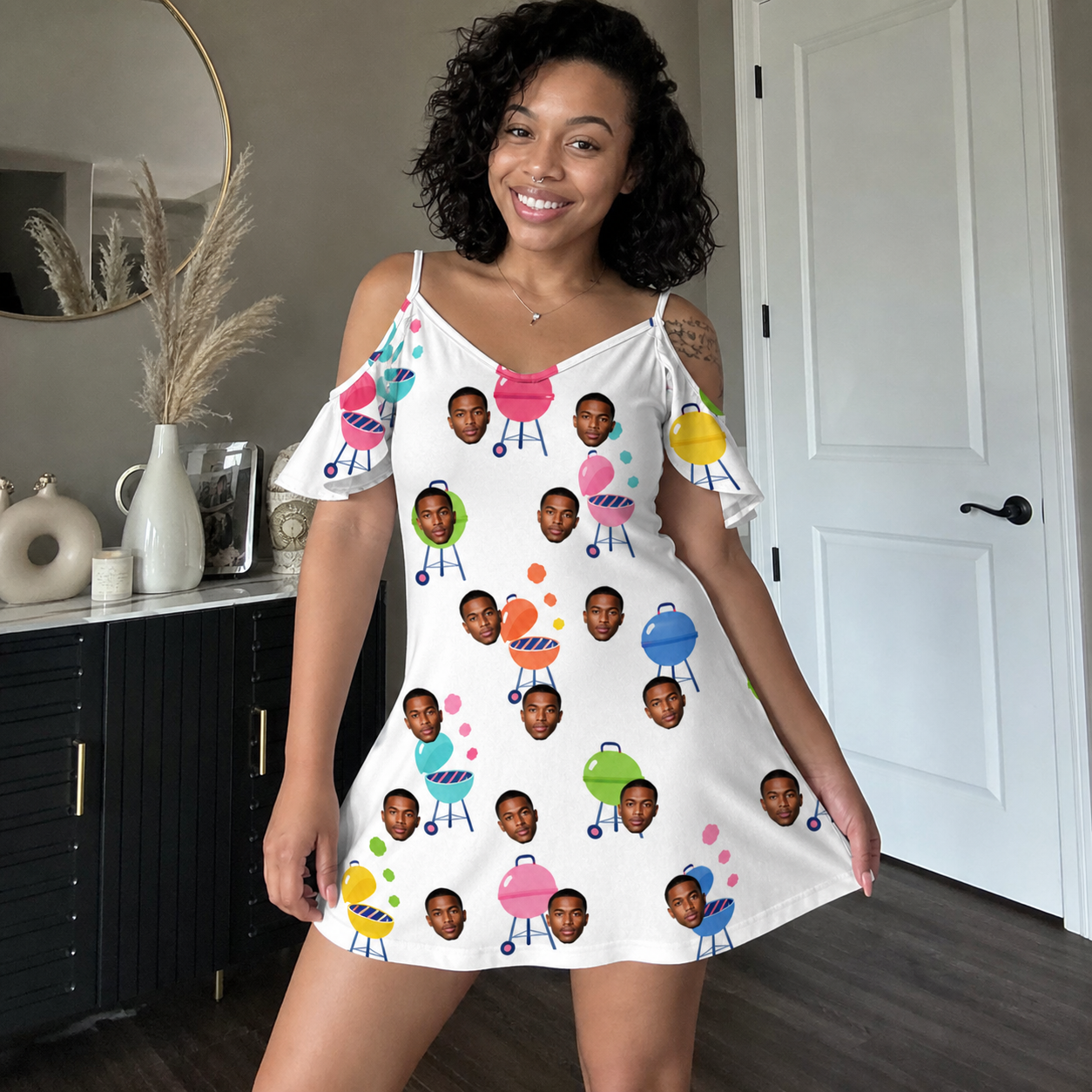 Real-life photo of someone wearing Women's Cousin Cookout Custom Face Off-Shoulder Dress — custom faces printed all-over