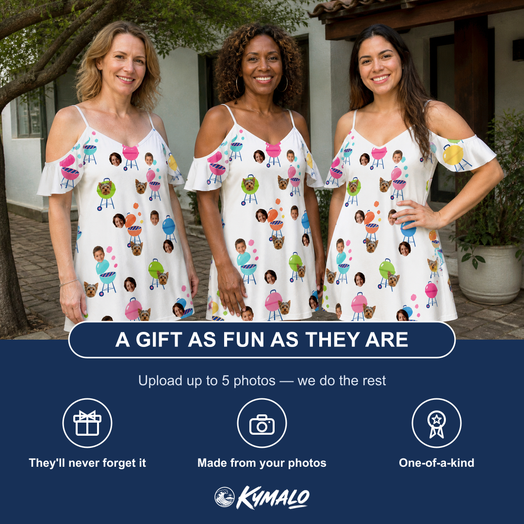Friends in matching Women's Cousin Cookout Custom Face Off-Shoulder Dress — a group gift photo