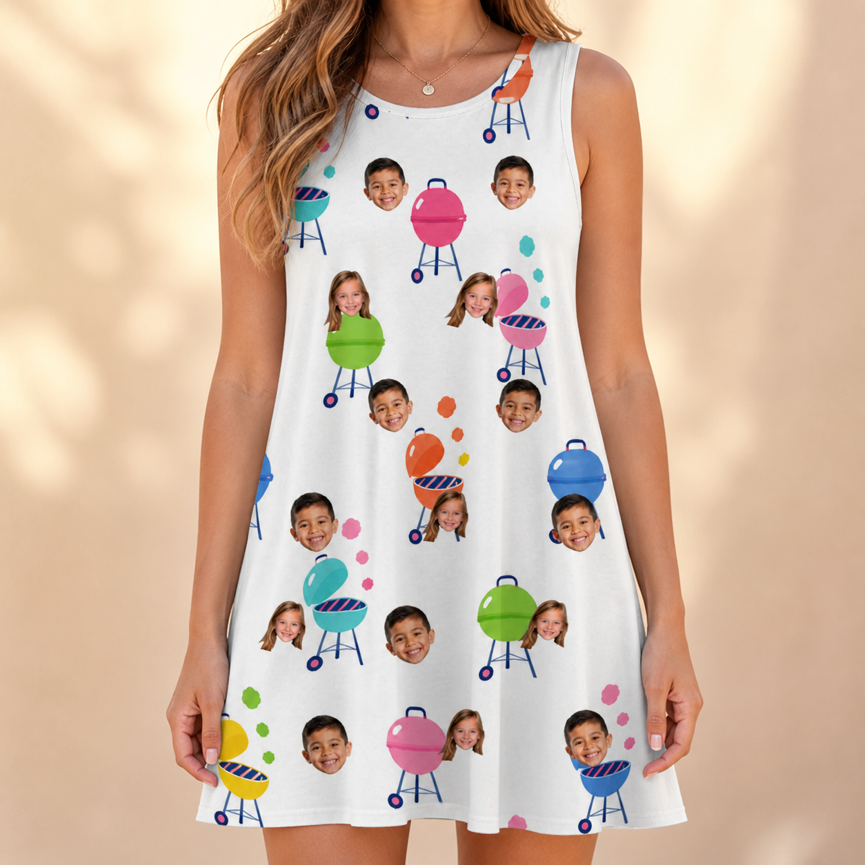 Model wearing Women's Cousin Cookout Custom Face Tank Dress printed with kids' faces