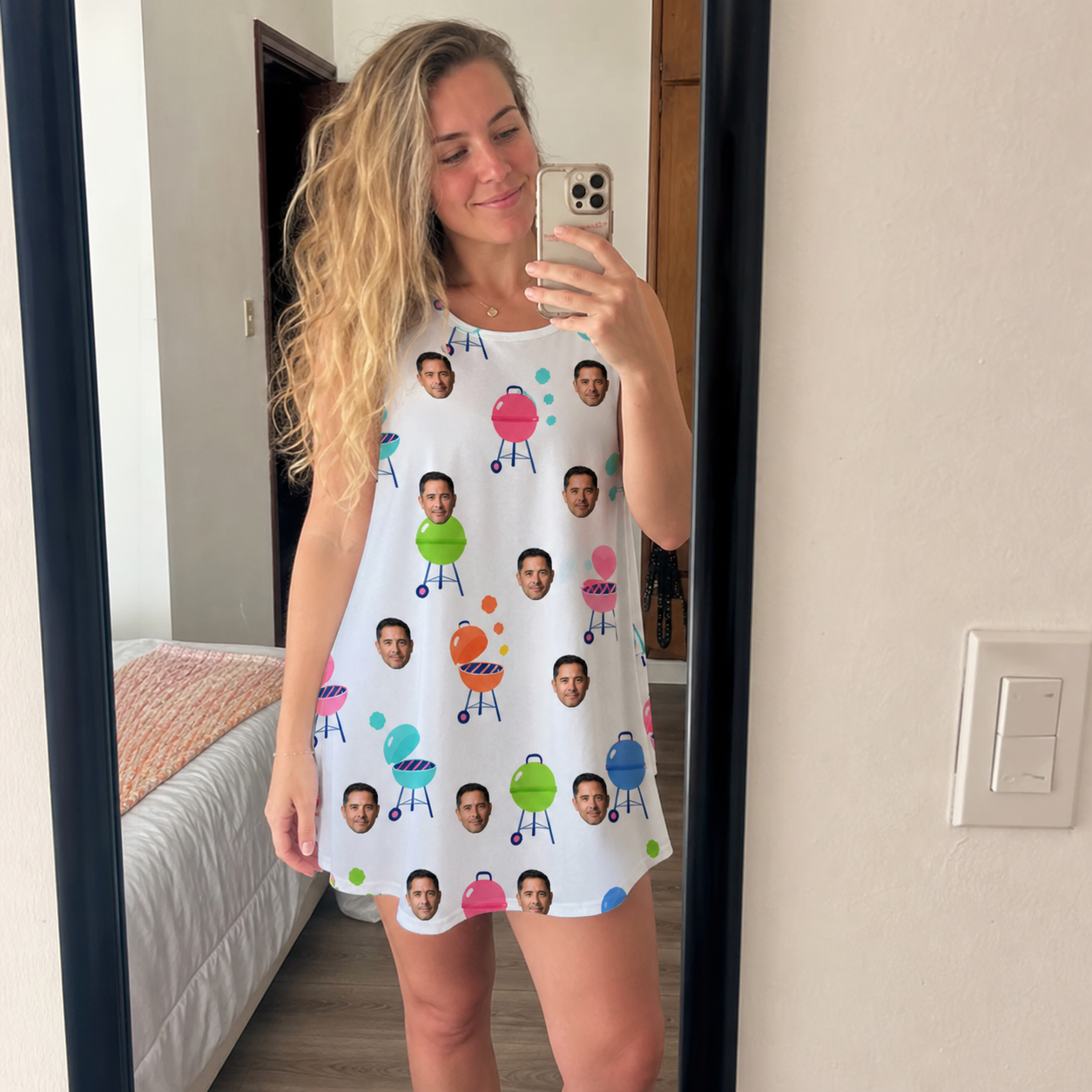 Real-life photo of someone wearing Women's Cousin Cookout Custom Face Tank Dress — custom faces printed all-over