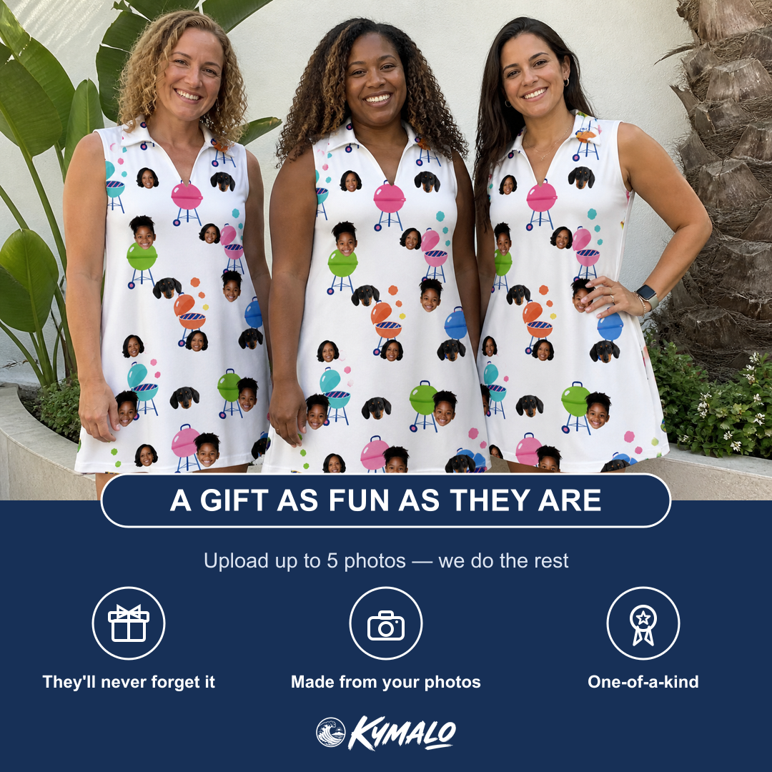 Friends in matching Women's Cousin Cookout Custom Face V-Neck Dress — a group gift photo