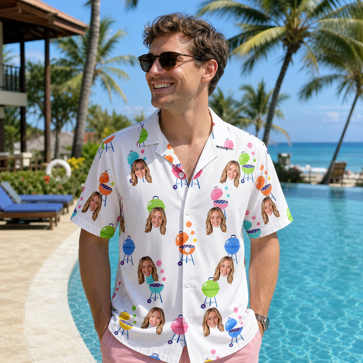 Real-life photo of someone wearing Men's Cousin Cookout Custom Face Hawaiian Shirt — custom faces printed all-over