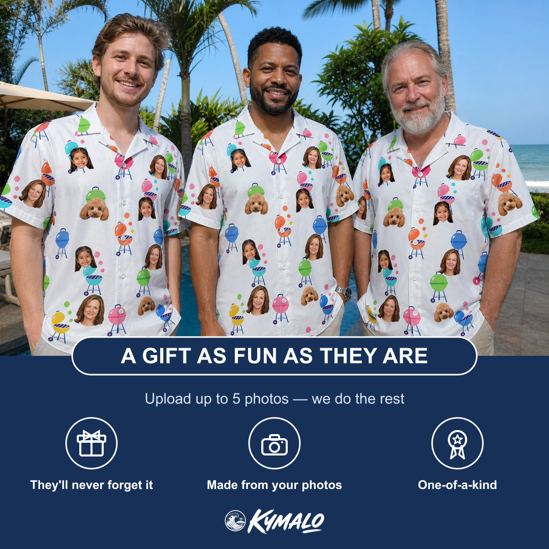 Friends in matching Men's Cousin Cookout Custom Face Hawaiian Shirt — a group gift photo