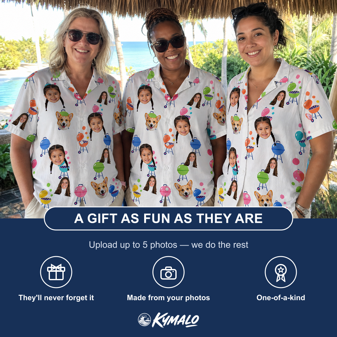 Friends in matching Women's Cousin Cookout Custom Face Hawaiian Shirt — a group gift photo