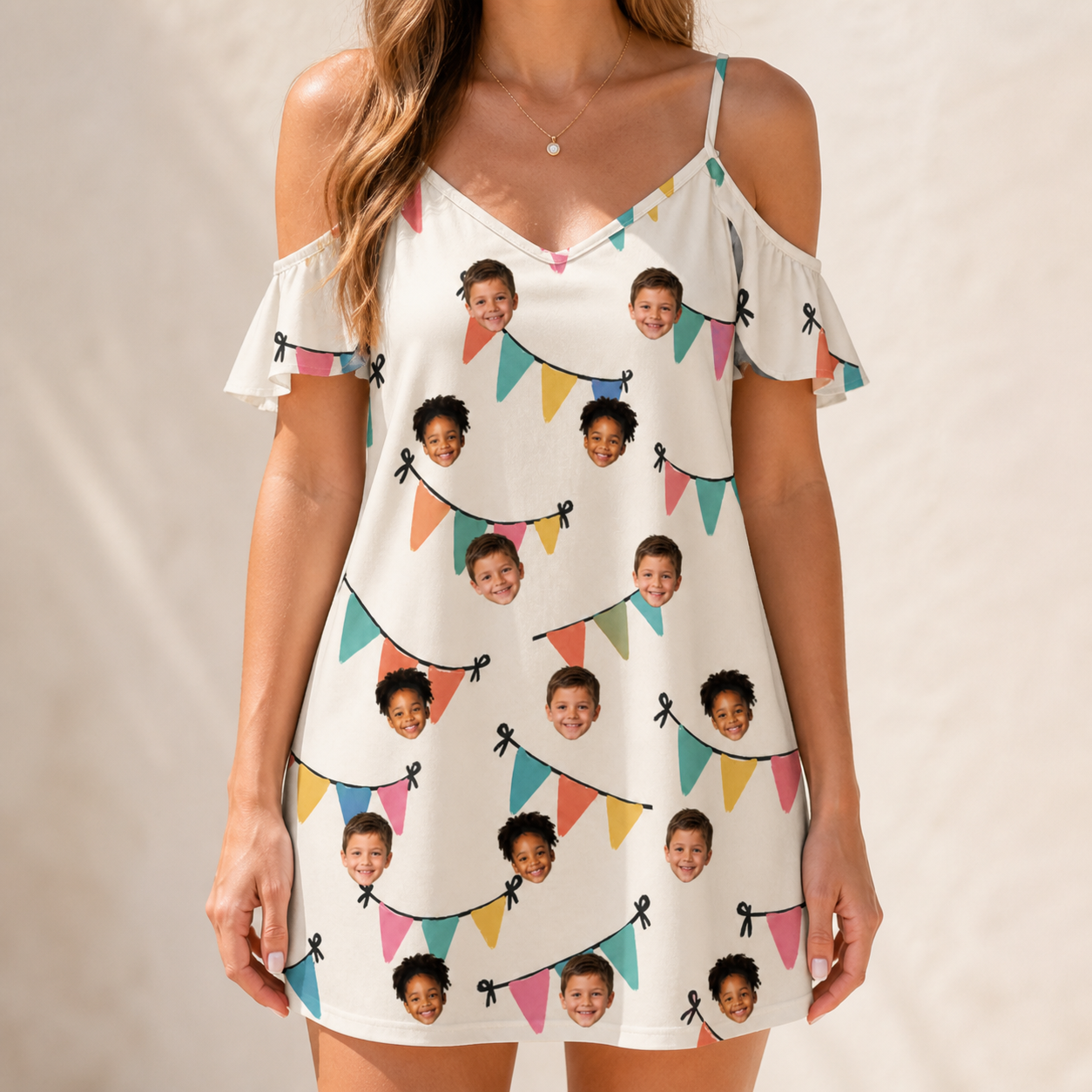 Model wearing Women's Folksy Flutter Custom Face Off-Shoulder Dress printed with kids' faces