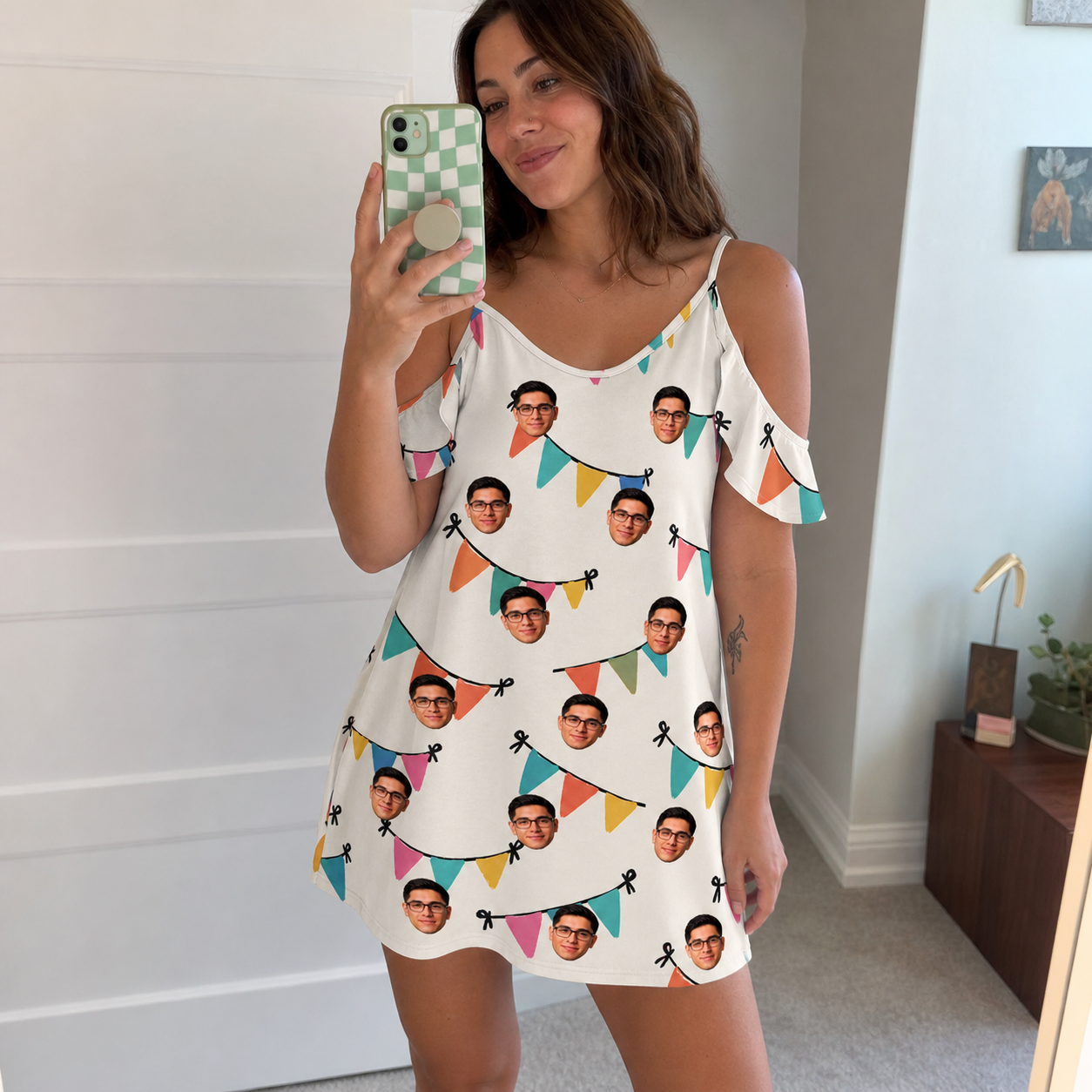 Real-life photo of someone wearing Women's Folksy Flutter Custom Face Off-Shoulder Dress — custom faces printed all-over