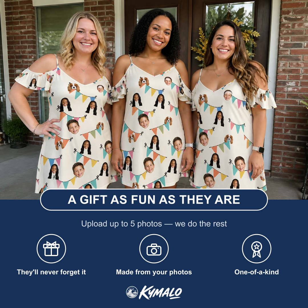 Friends in matching Women's Folksy Flutter Custom Face Off-Shoulder Dress — a group gift photo