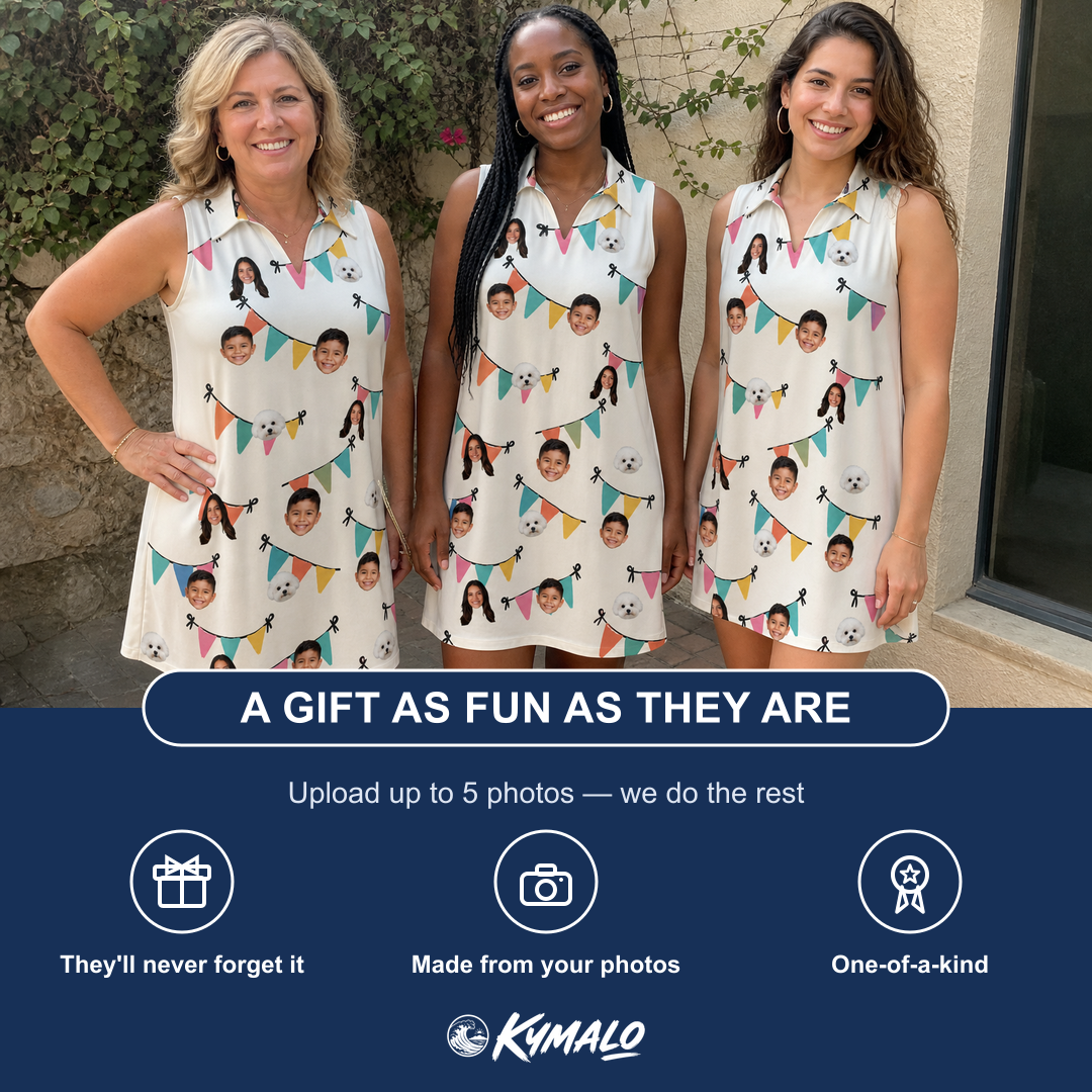 Friends in matching Women's Folksy Flutter Custom Face V-Neck Dress — a group gift photo