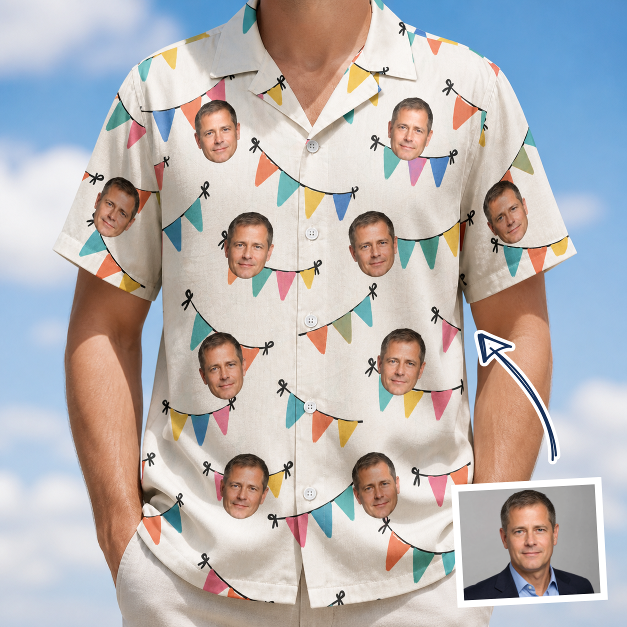 Man wearing Men's Folksy Flutter Custom Face Hawaiian Shirt — custom faces printed all-over