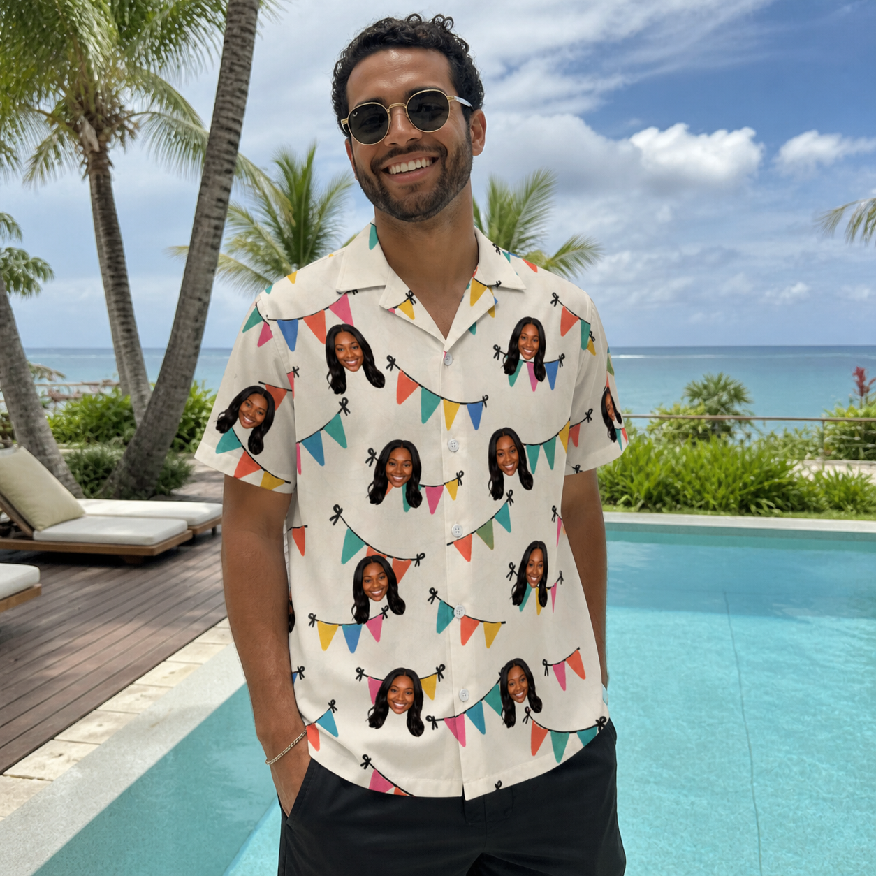 Real-life photo of someone wearing Men's Folksy Flutter Custom Face Hawaiian Shirt — custom faces printed all-over