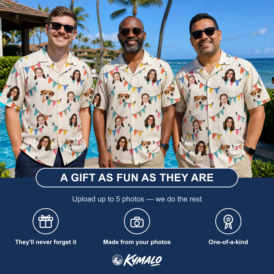 Friends in matching Men's Folksy Flutter Custom Face Hawaiian Shirt — a group gift photo