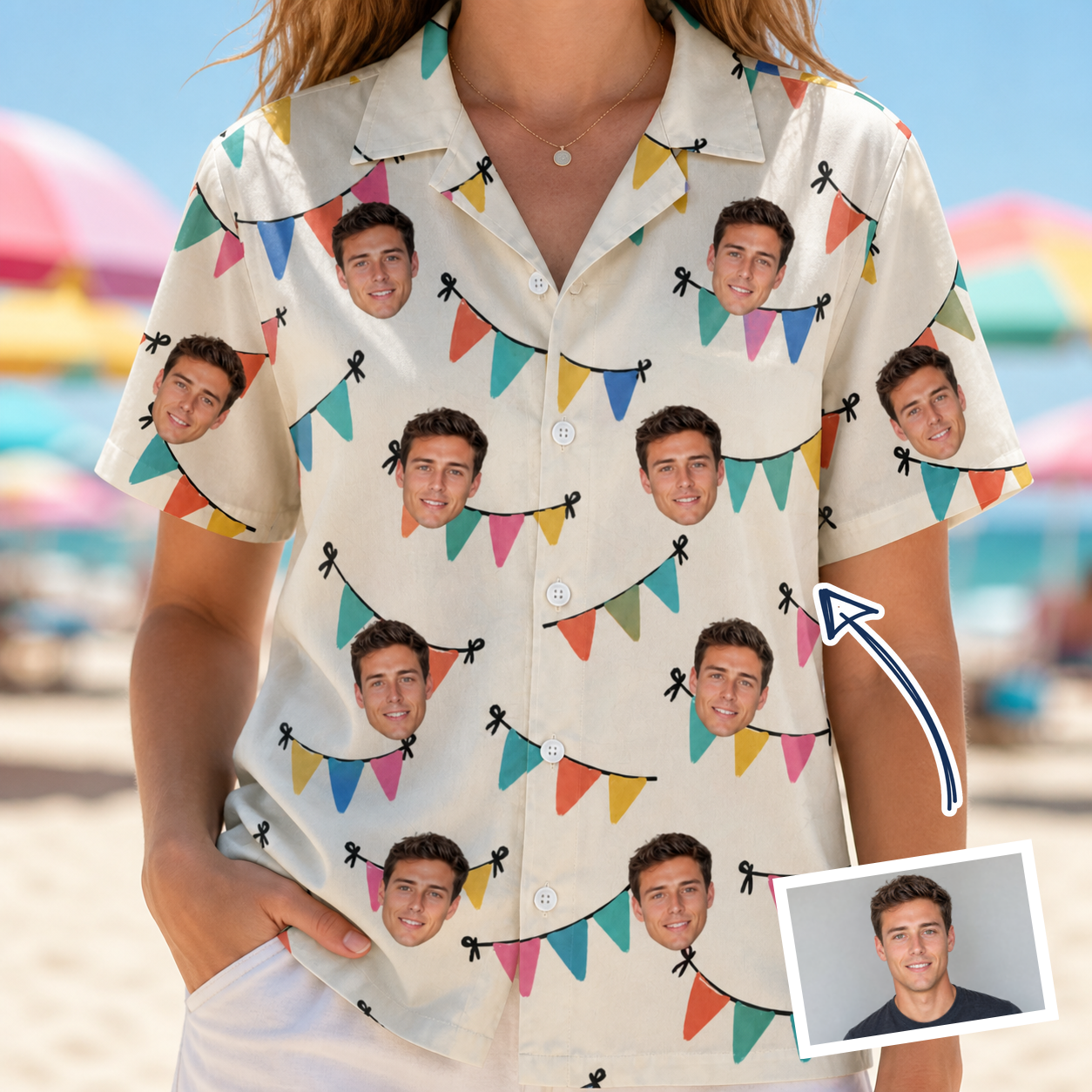 Woman wearing Women's Folksy Flutter Custom Face Hawaiian Shirt — custom faces printed all-over