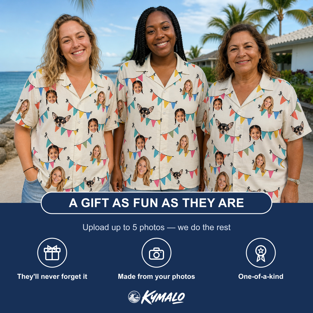 Friends in matching Women's Folksy Flutter Custom Face Hawaiian Shirt — a group gift photo