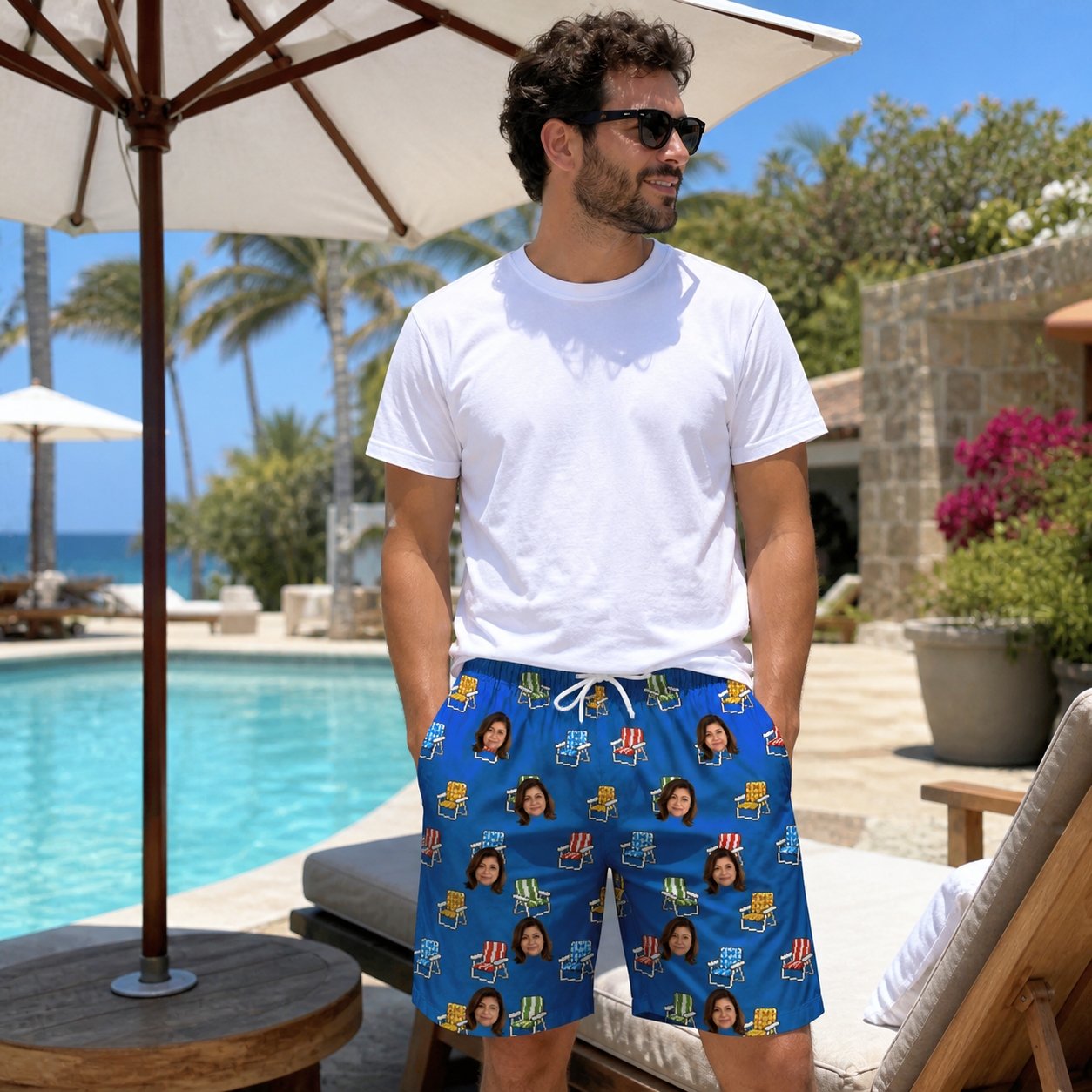 Real-life photo of someone wearing Men's Patio Perch Custom Face Beach Shorts — custom faces printed all-over