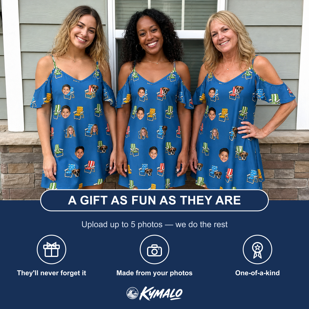 Friends in matching Women's Patio Perch Custom Face Off-Shoulder Dress — a group gift photo