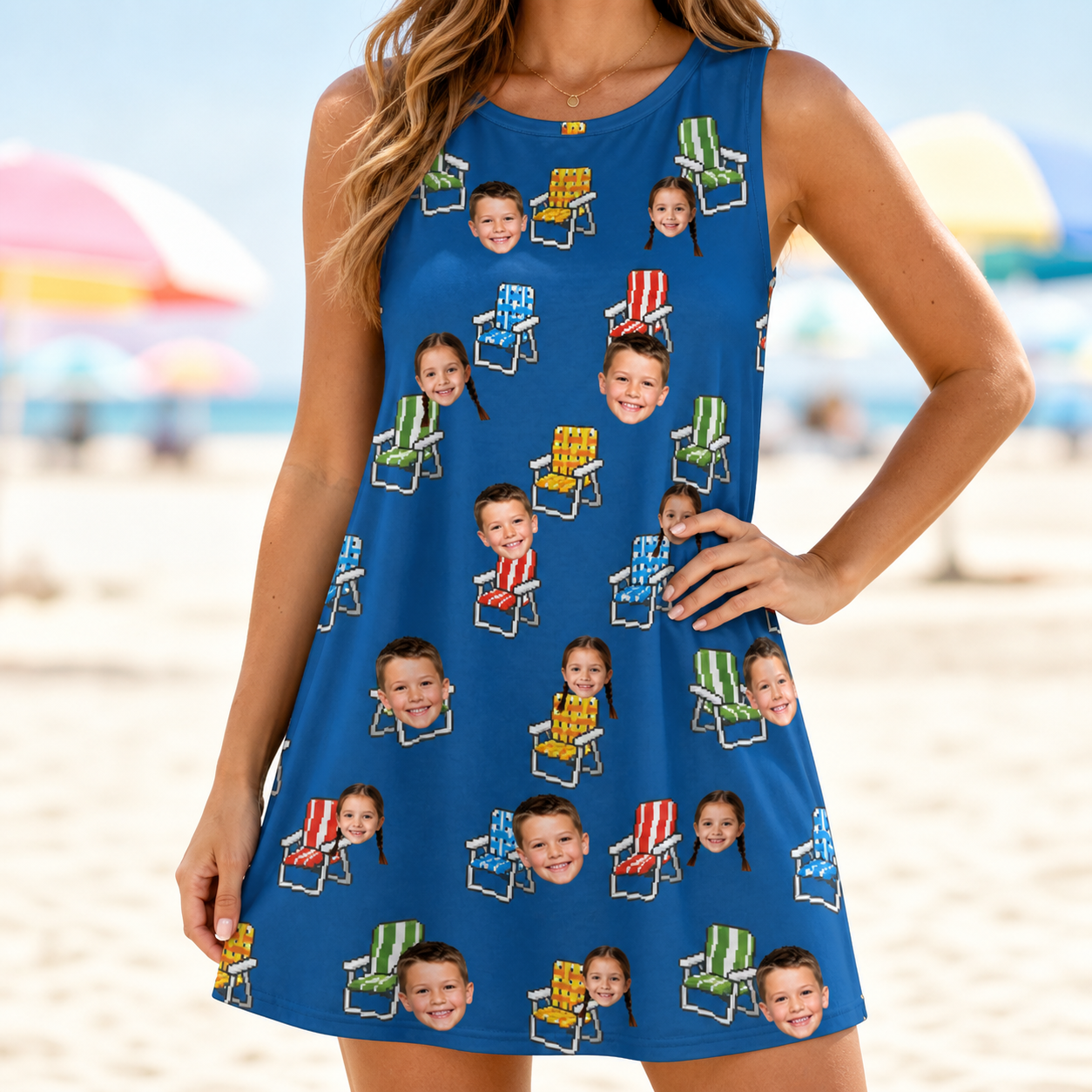 Model wearing Women's Patio Perch Custom Face Tank Dress printed with kids' faces