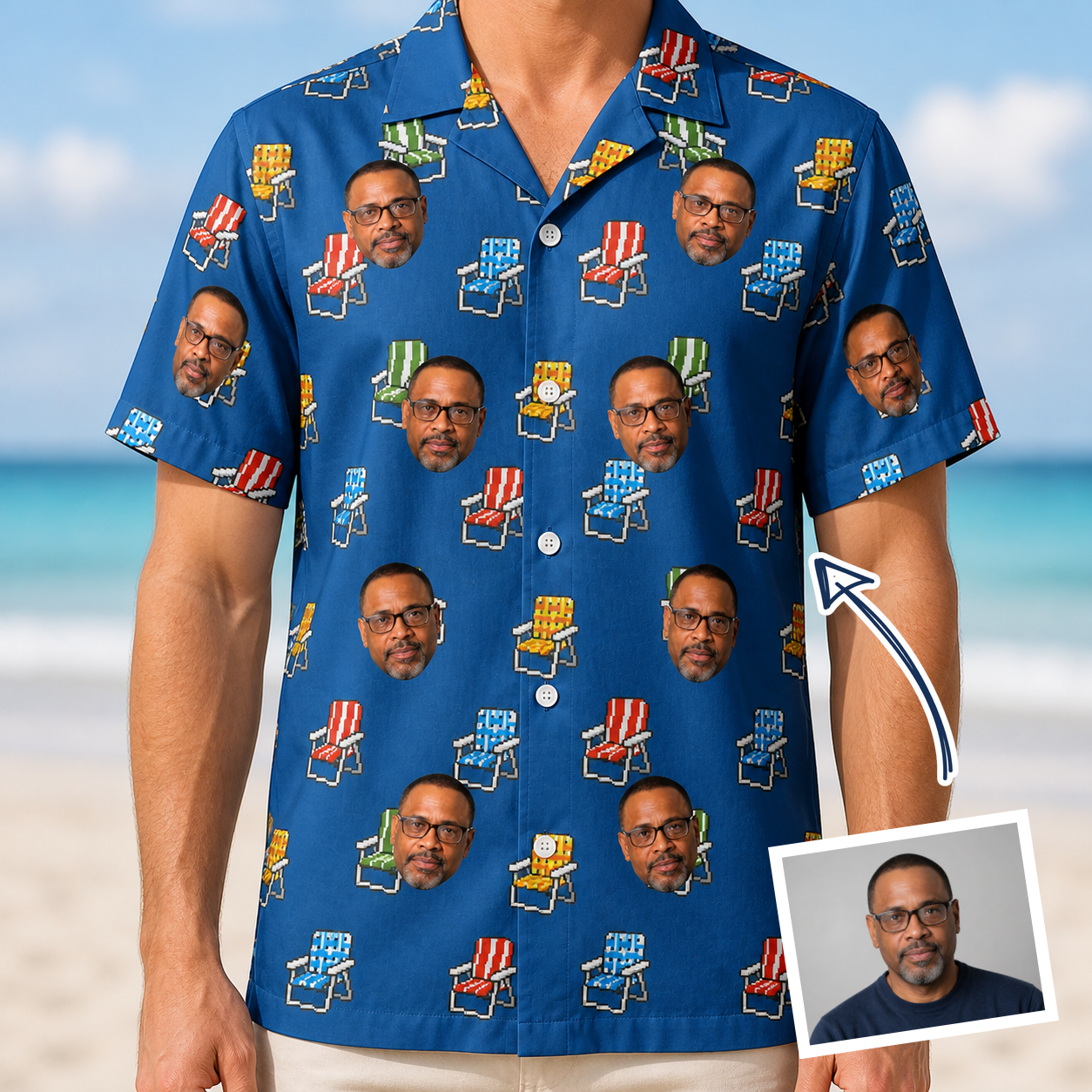 Man wearing Men's Patio Perch Custom Face Hawaiian Shirt — custom faces printed all-over