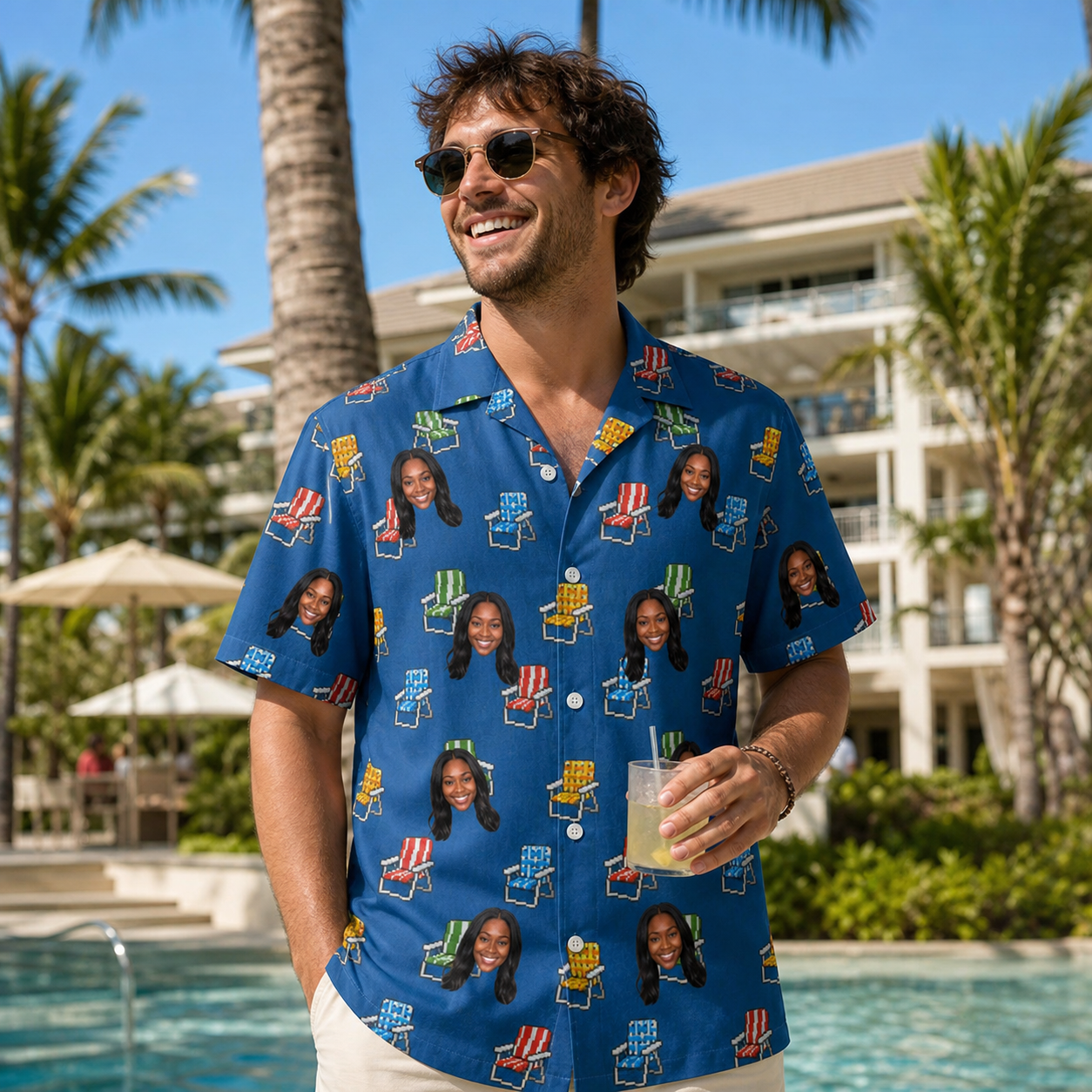Real-life photo of someone wearing Men's Patio Perch Custom Face Hawaiian Shirt — custom faces printed all-over