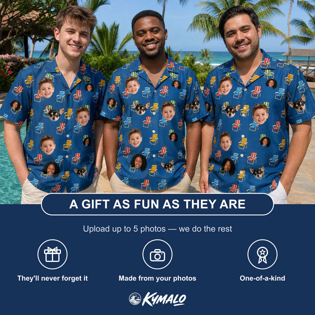 Friends in matching Men's Patio Perch Custom Face Hawaiian Shirt — a group gift photo