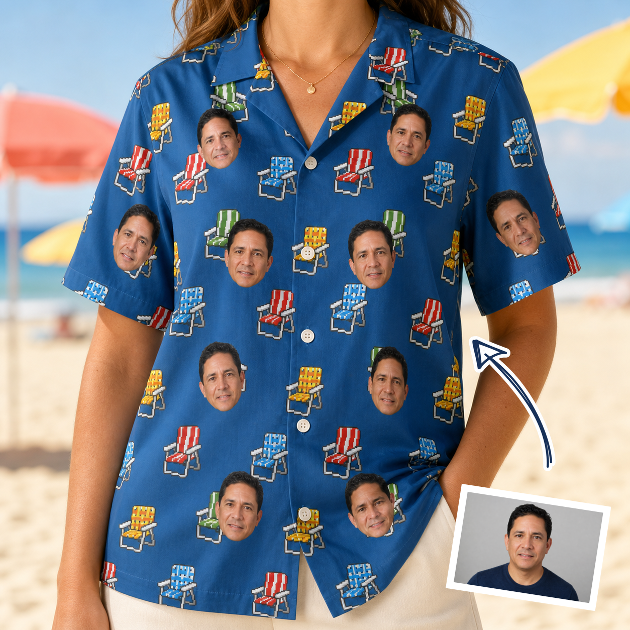 Woman wearing Women's Patio Perch Custom Face Hawaiian Shirt — custom faces printed all-over
