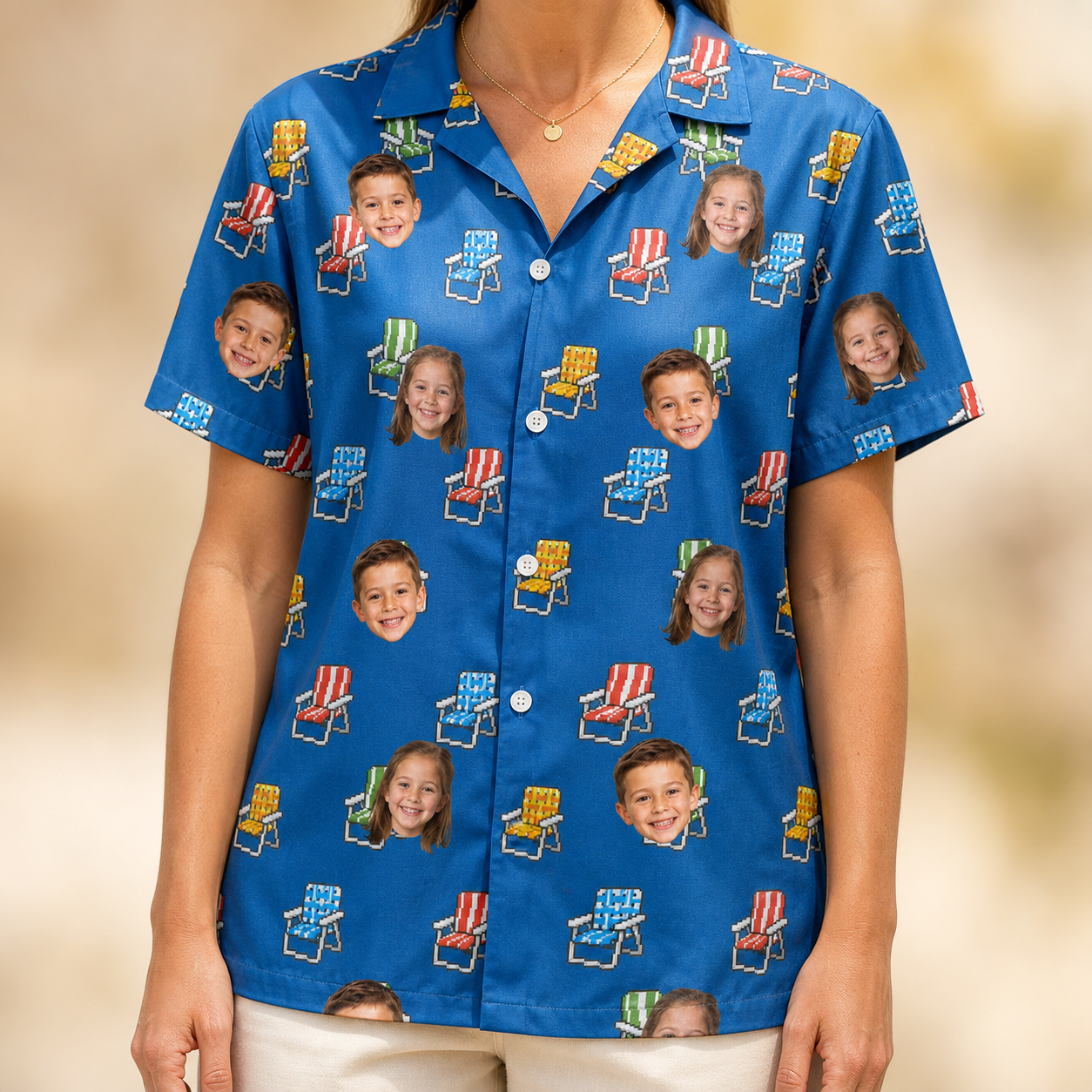 Model wearing Women's Patio Perch Custom Face Hawaiian Shirt printed with kids' faces