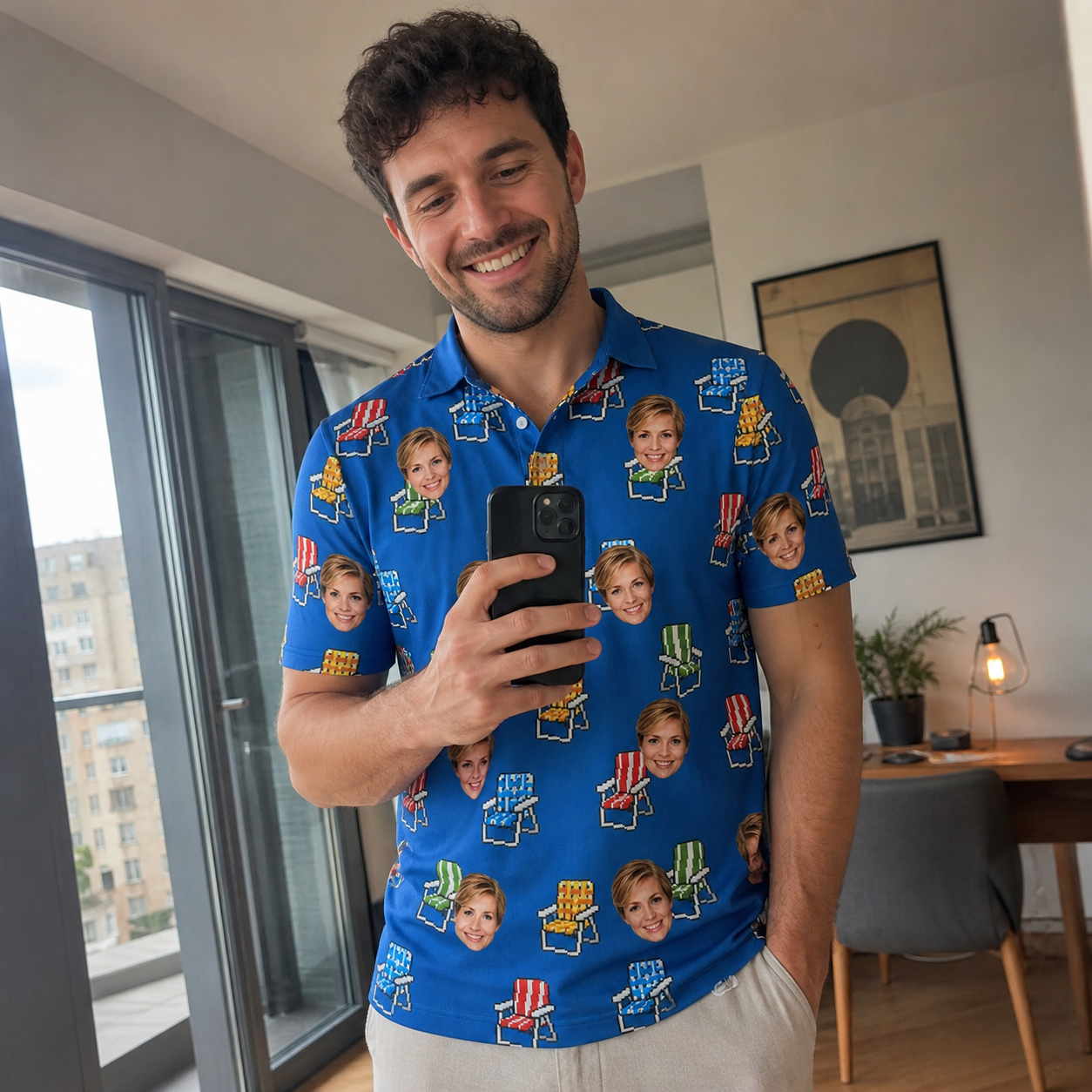 Real-life photo of someone wearing Men's Patio Perch Custom Face Polo Shirt — custom faces printed all-over