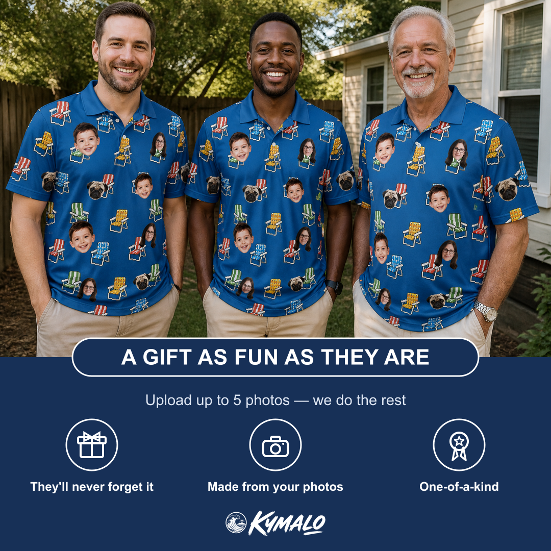 Friends in matching Men's Patio Perch Custom Face Polo Shirt — a group gift photo