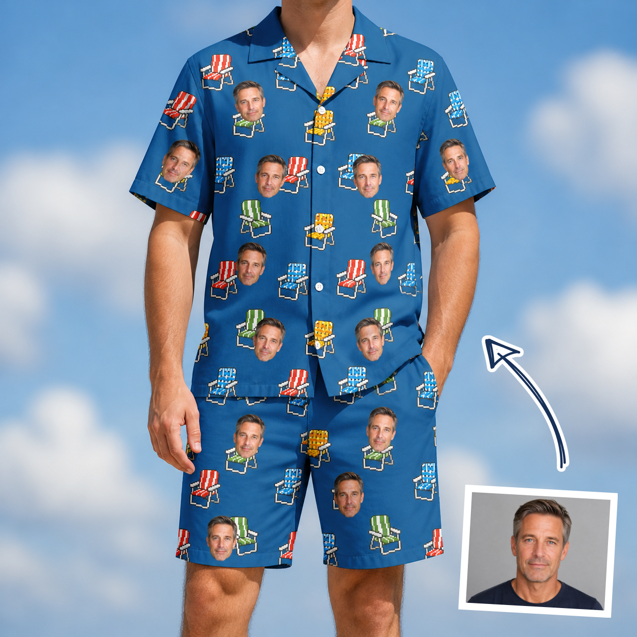 Man wearing Men's Patio Perch Custom Face Shirt & Shorts Set — custom faces printed all-over