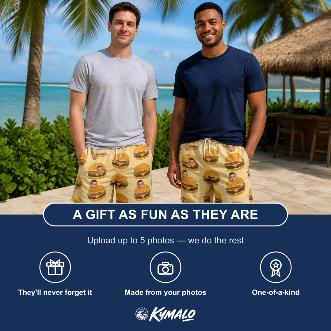 Friends in matching Men's Patty Potluck Custom Face Beach Shorts — a group gift photo