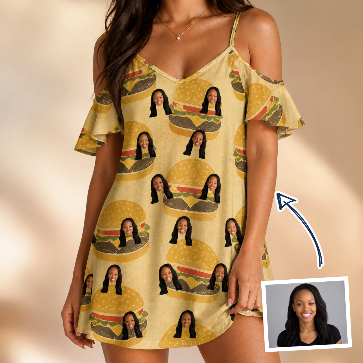 Woman wearing Women's Patty Potluck Custom Face Off-Shoulder Dress — custom faces printed all-over