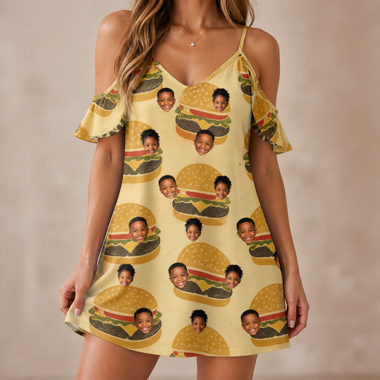 Model wearing Women's Patty Potluck Custom Face Off-Shoulder Dress printed with kids' faces
