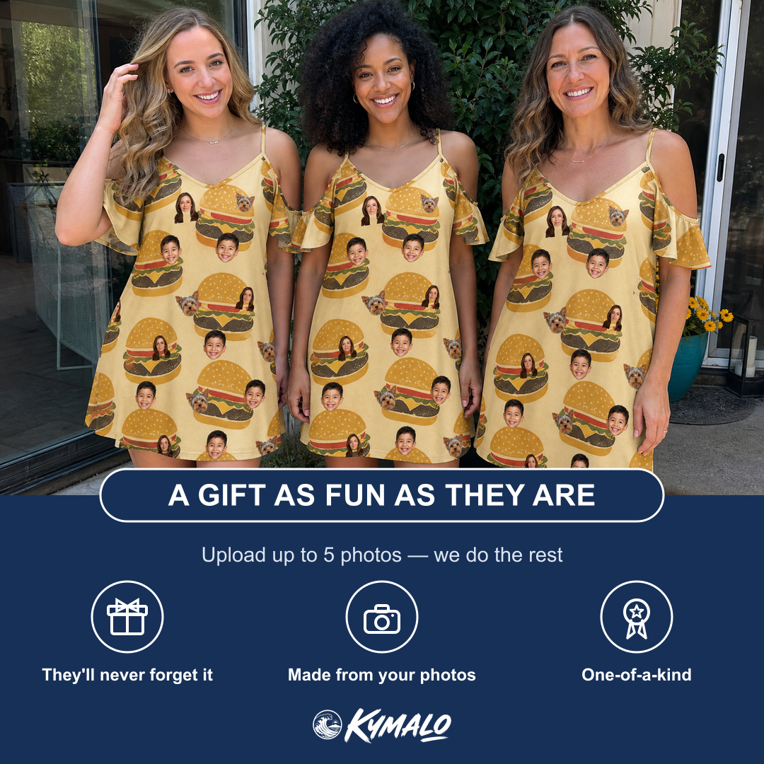Friends in matching Women's Patty Potluck Custom Face Off-Shoulder Dress — a group gift photo
