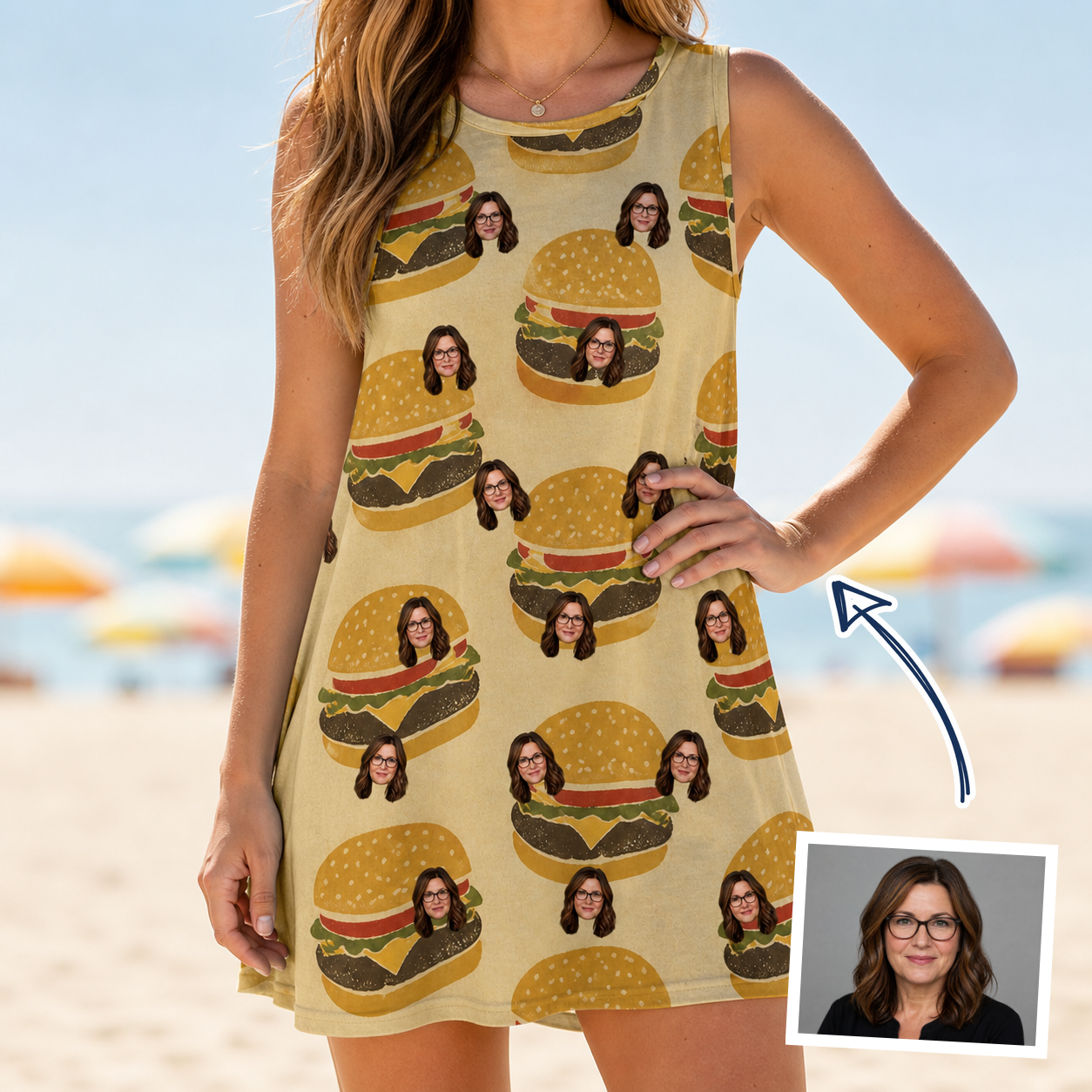 Woman wearing Women's Patty Potluck Custom Face Tank Dress — custom faces printed all-over