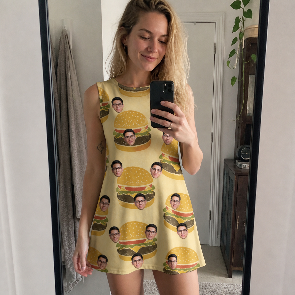 Real-life photo of someone wearing Women's Patty Potluck Custom Face Tank Dress — custom faces printed all-over
