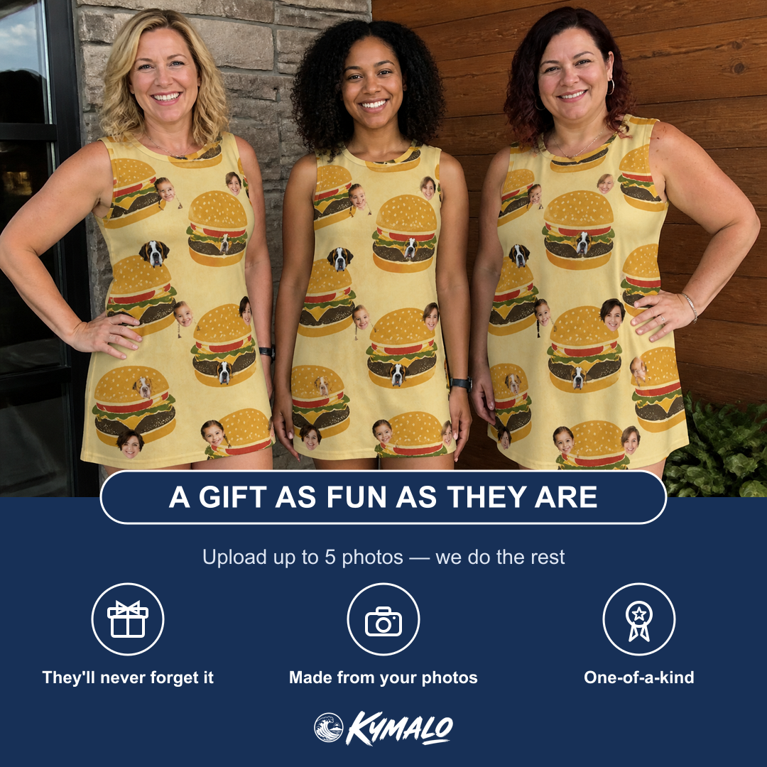Friends in matching Women's Patty Potluck Custom Face Tank Dress — a group gift photo