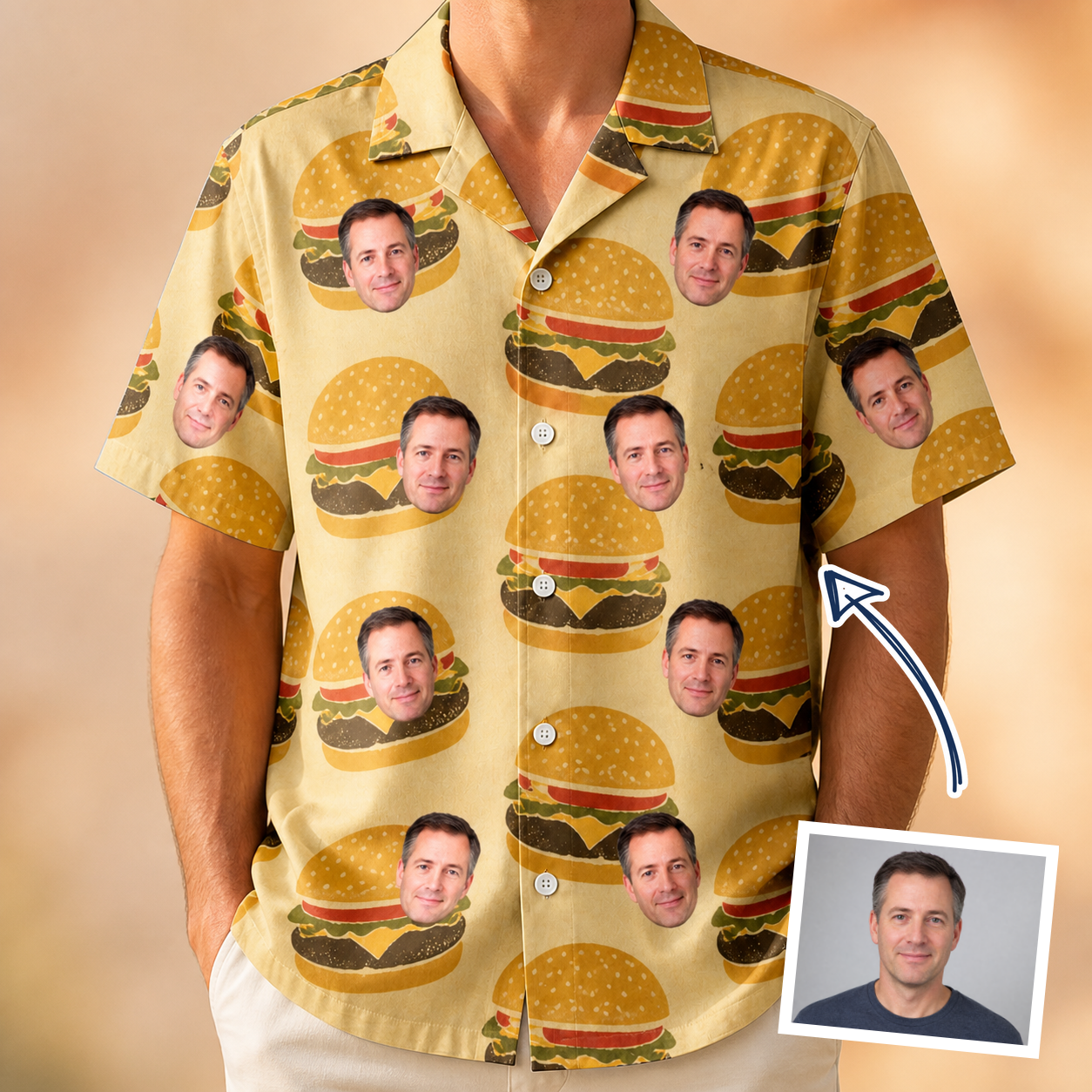 Man wearing Men's Patty Potluck Custom Face Hawaiian Shirt — custom faces printed all-over