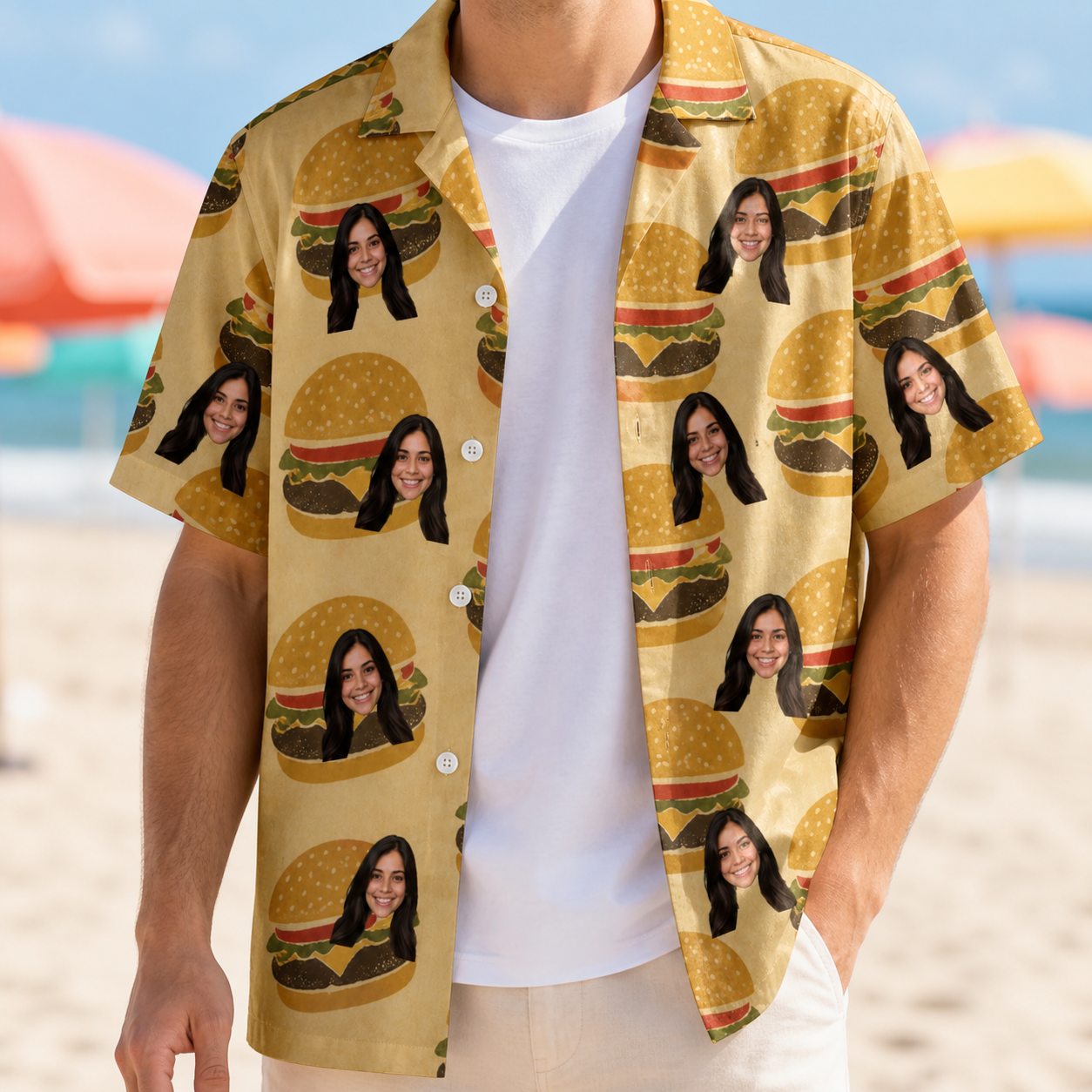 Man wearing Men's Patty Potluck Custom Face Hawaiian Shirt open over a white tee