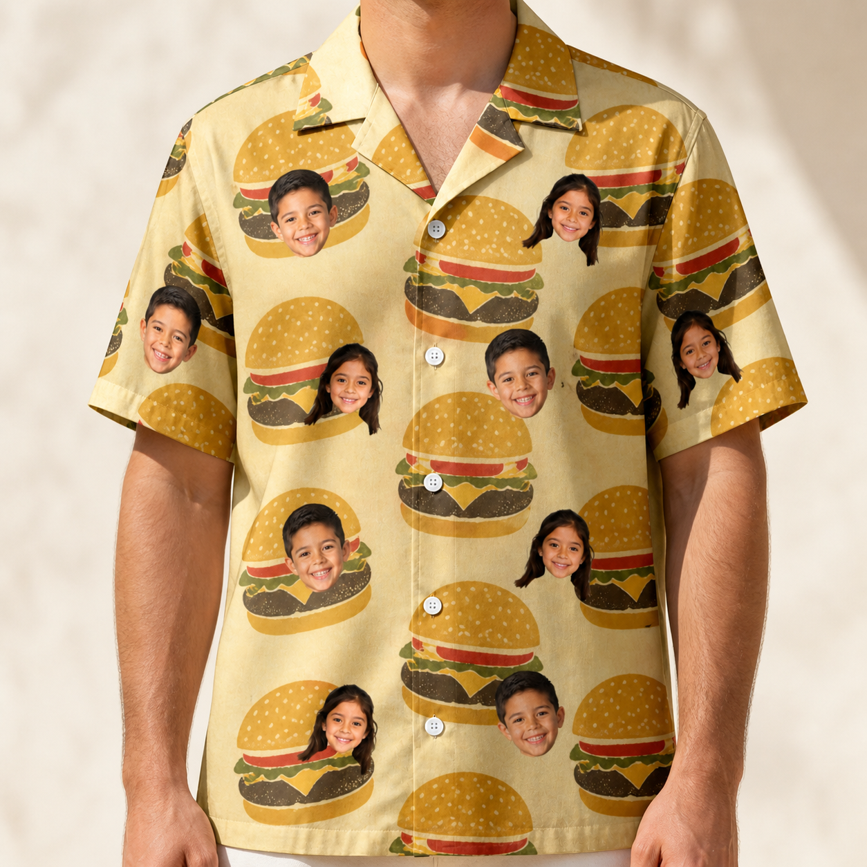 Model wearing Men's Patty Potluck Custom Face Hawaiian Shirt printed with kids' faces