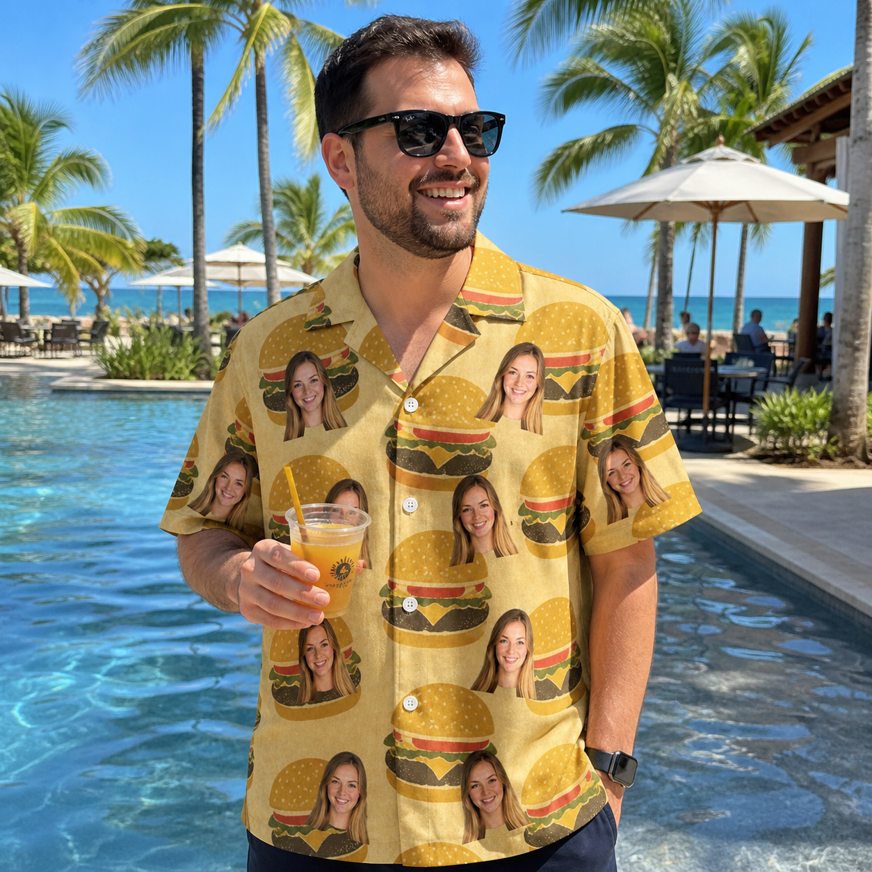 Real-life photo of someone wearing Men's Patty Potluck Custom Face Hawaiian Shirt — custom faces printed all-over