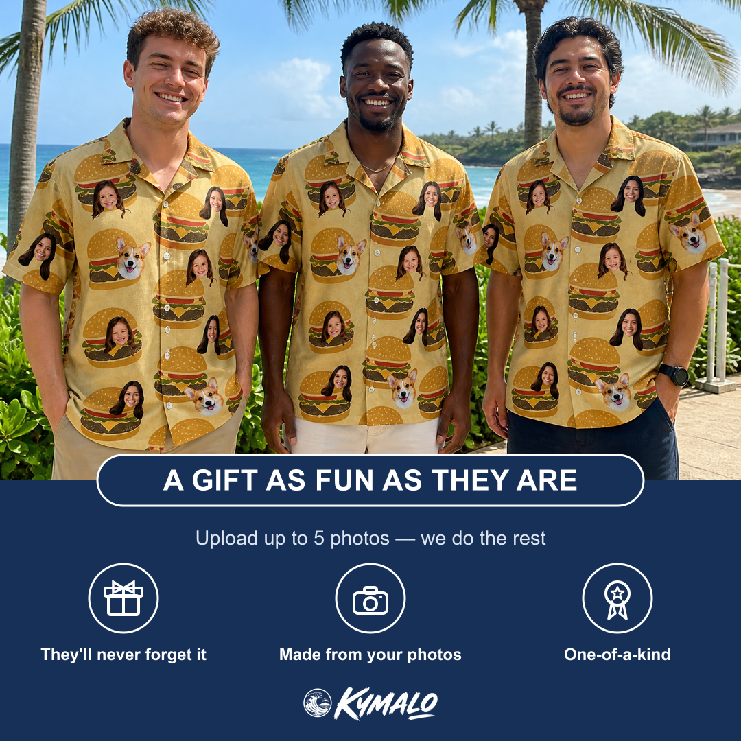 Friends in matching Men's Patty Potluck Custom Face Hawaiian Shirt — a group gift photo