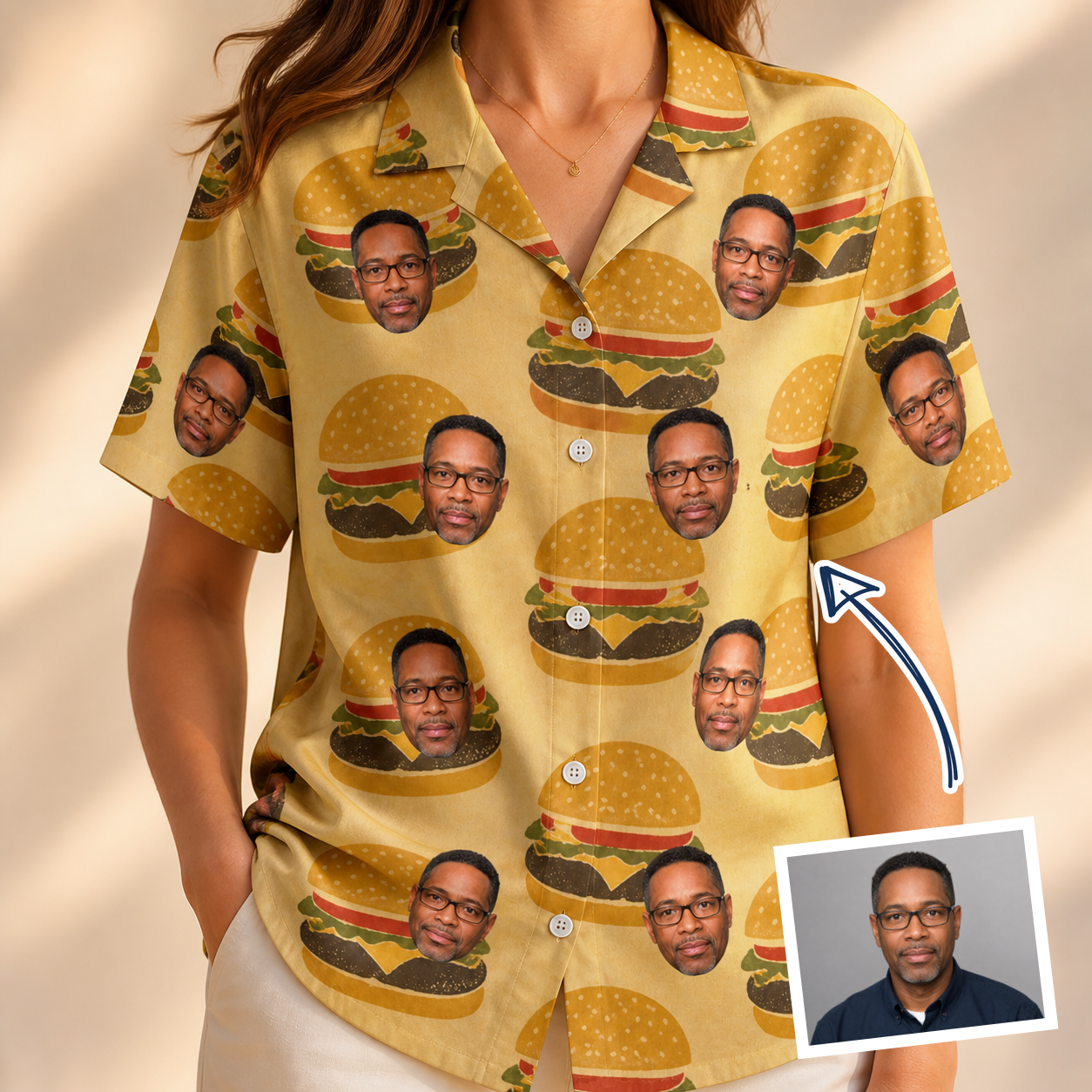 Woman wearing Women's Patty Potluck Custom Face Hawaiian Shirt — custom faces printed all-over