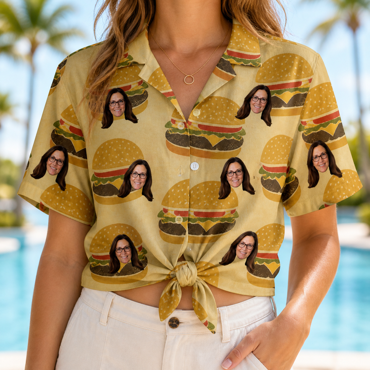 Woman wearing Women's Patty Potluck Custom Face Hawaiian Shirt tied at the waist