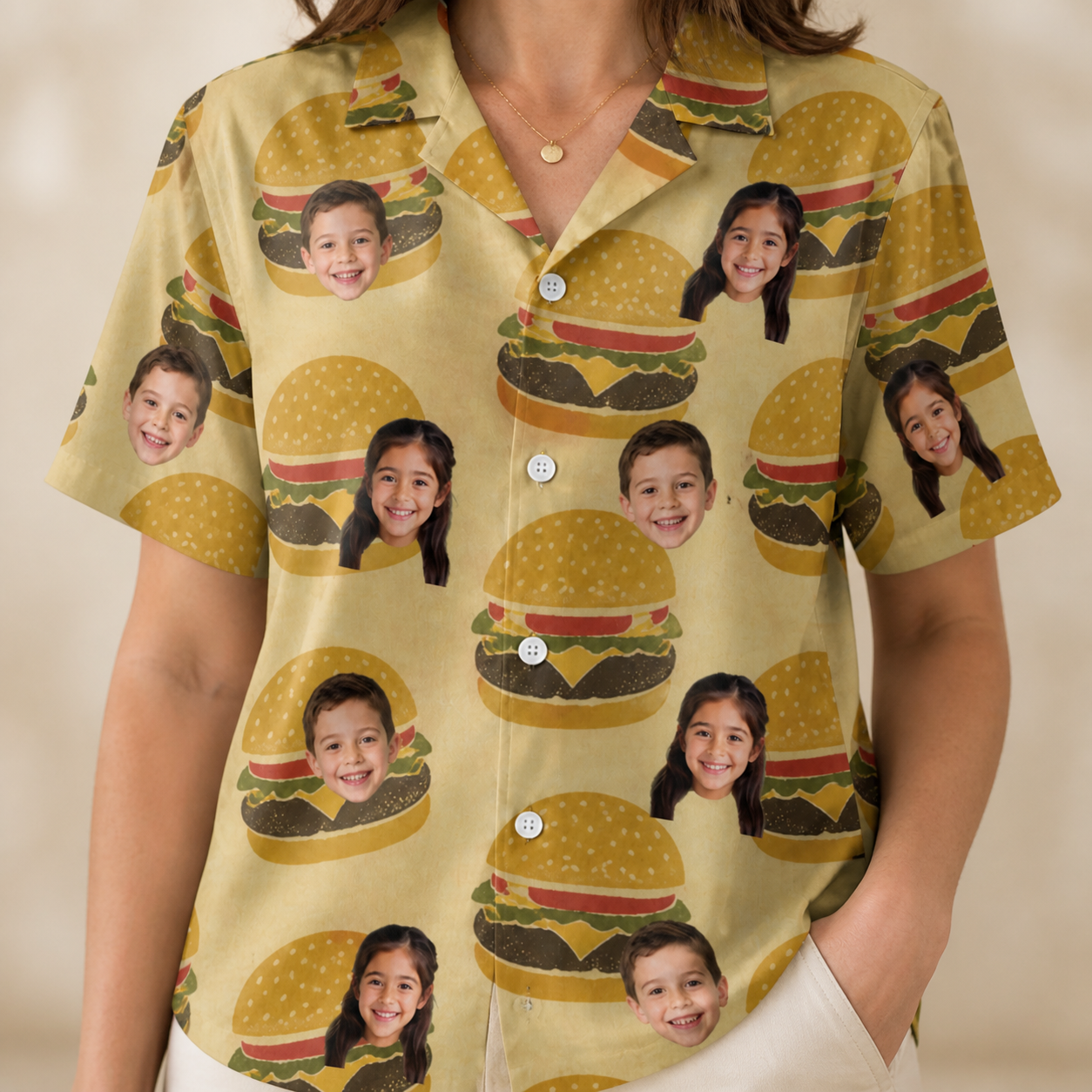 Model wearing Women's Patty Potluck Custom Face Hawaiian Shirt printed with kids' faces