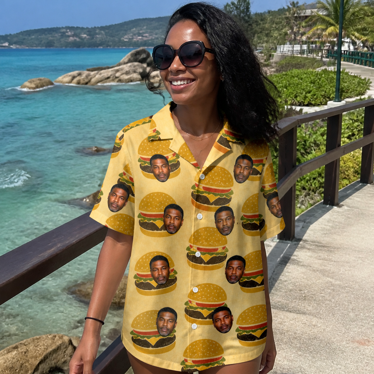 Real-life photo of someone wearing Women's Patty Potluck Custom Face Hawaiian Shirt — custom faces printed all-over