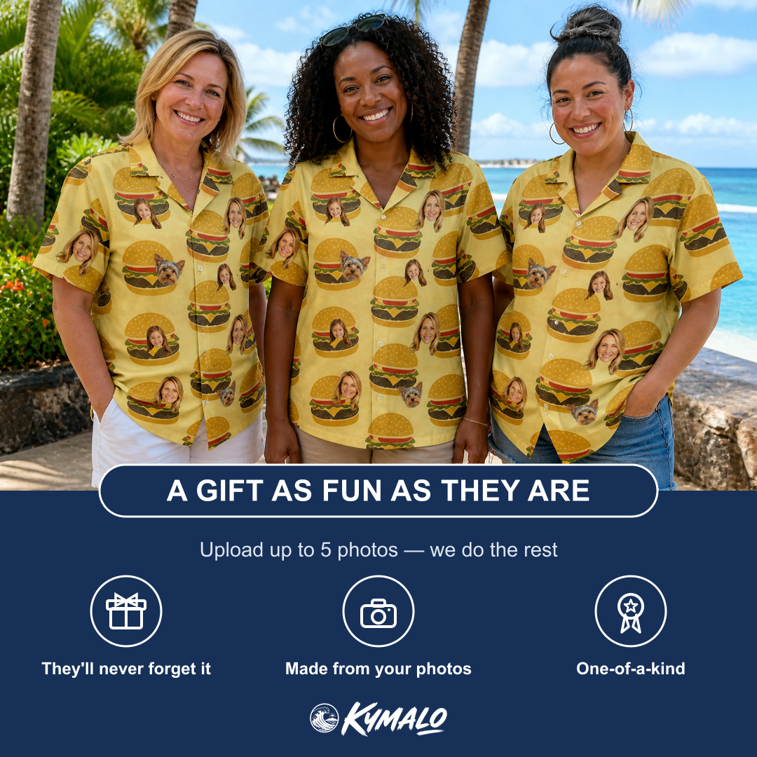 Friends in matching Women's Patty Potluck Custom Face Hawaiian Shirt — a group gift photo