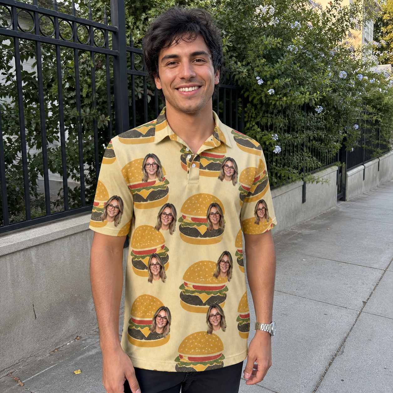Real-life photo of someone wearing Men's Patty Potluck Custom Face Polo Shirt — custom faces printed all-over